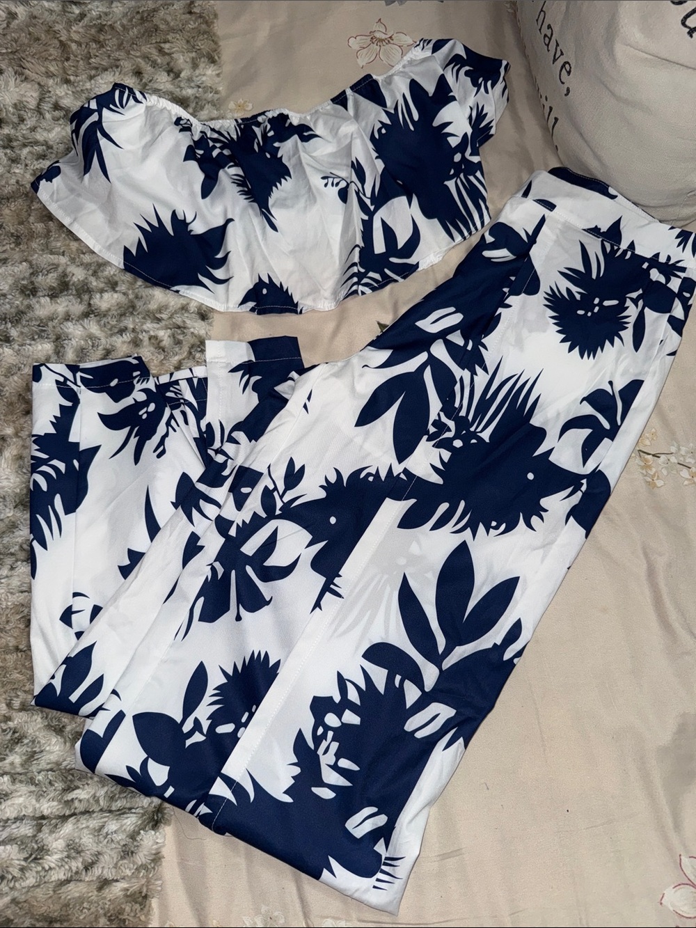 Women’s Navy Floral Wide-Leg Pant Set w/ crop top  - White & Navy